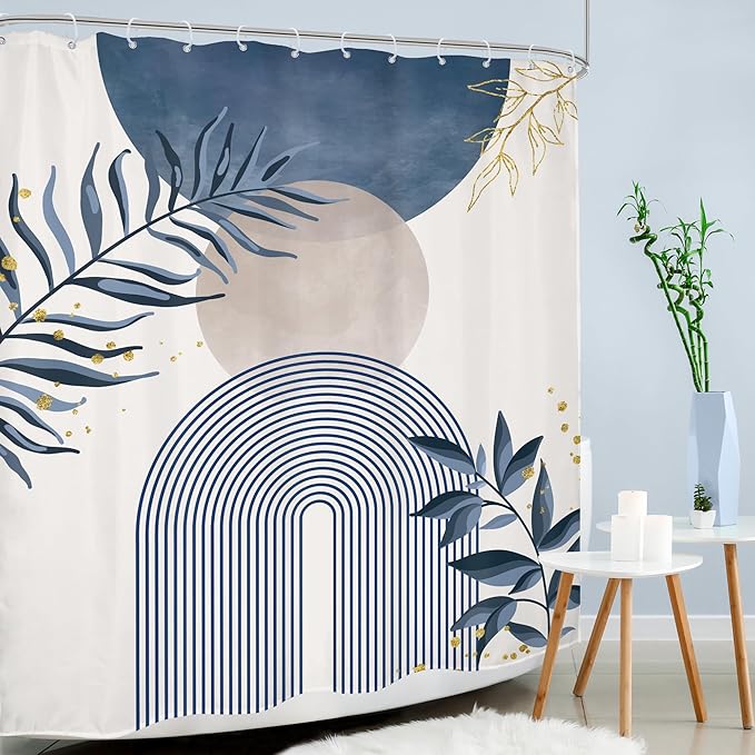 Blue Gray Boho Shower Curtain Dusty Blue Gold Leaves Modern Bohemian Abstract Mid Century Minimalist Grey Plant Bathroom Decor Geometric Arch 60Wx72H Bath Curtain Fabric Polyester 12 Pack Hooks
