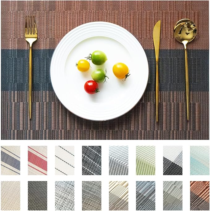 Placemats Set of 4 Vinyl/Plastic Woven Place Mats for Kitchen Table Indoor/Outdoor Washable Placemat Wipeable Dining Table Mats (Ombre Brown Black,4)