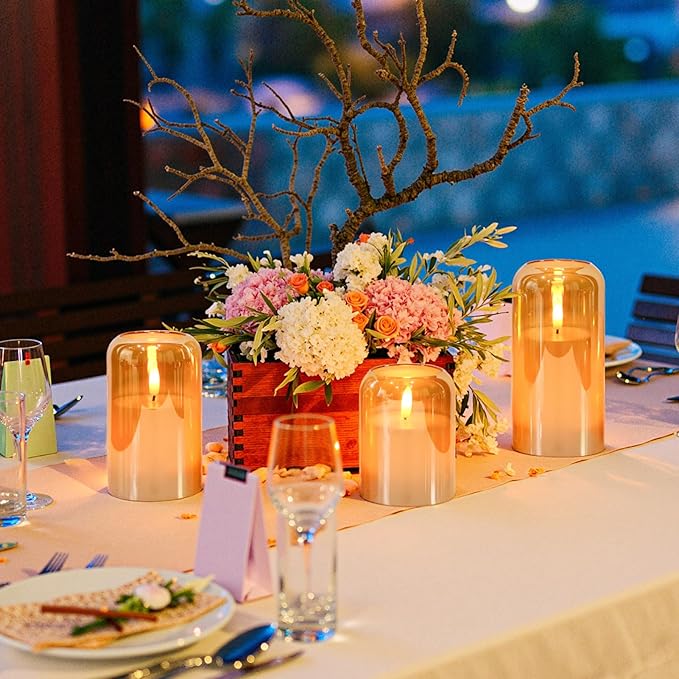 GenSwin Glass Gold Flameless Candles with Remote Timer, Battery Operated Candles with Flickering Flame, Glass and Real Wax LED Pillar Candle for Halloween Christmas Home Decor(Set of 3, D3”x4”5”6”)