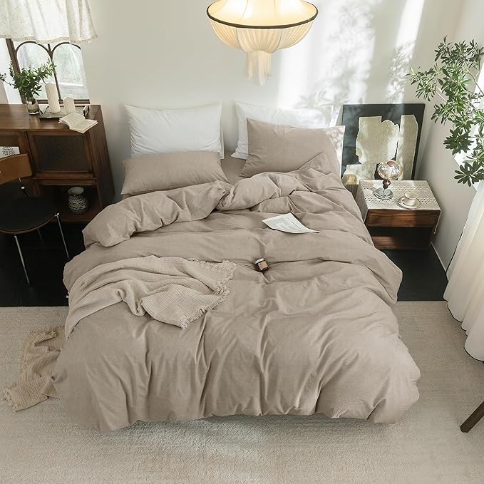 FOSSA Duvet Cover Set 100% Washed Cotton Linen Feel Super Soft Breathable Cozy 3 Pieces Bedding Sets Solid Tannish Linen Grey Oversized Queen