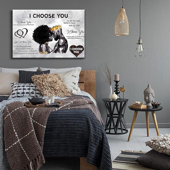 Framed African American Canvas Prints Black Couple I Choose You Poster Black King and Queen Wall Art Afro Black Romantic Couple Wall Art for Bedroom Living Room Decor(Black couple, 24in×16in)