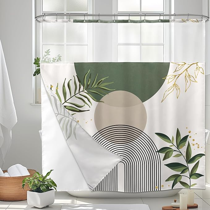 Sage Green Boho Shower Curtain with Snap in Liner Modern Mid Century Abstract Minimalist Gold Leaves Plant Sun Geometric Arch 72Wx72H Bathroom Decor Bath Curtain Fabric Polyester 12 Pack Hooks