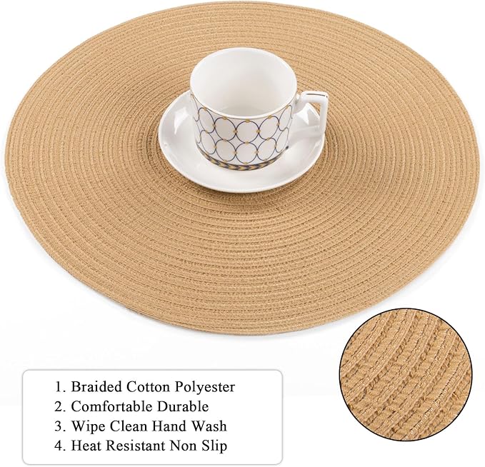 SHACOS 15 inch Round Braided Placemats Set of 6 Non Slip Heat Resistant Round Table Mats Fabric Place Mats for Dinner Party Table Decoration (Camel, 6)