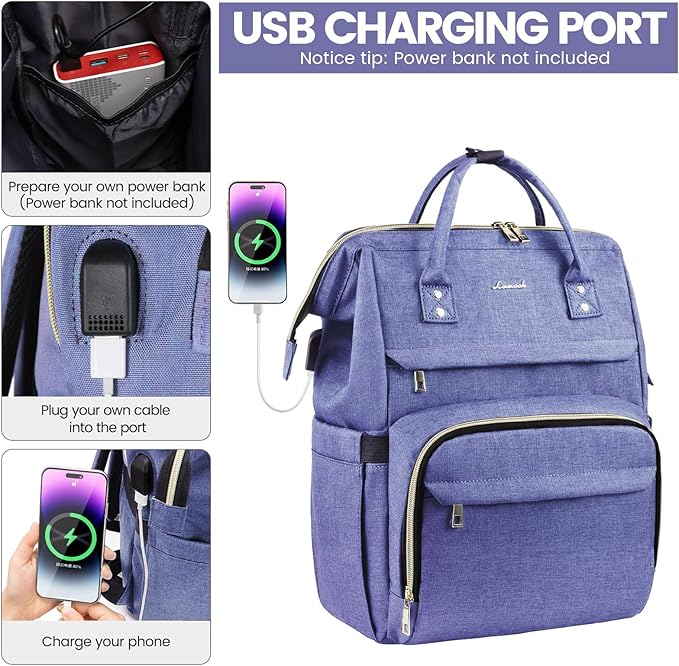 LOVEVOOK Women's 15.6 Inch Professional Travel Backpack, Waterproof College Work Bag with USB Port, Blue-Violet
