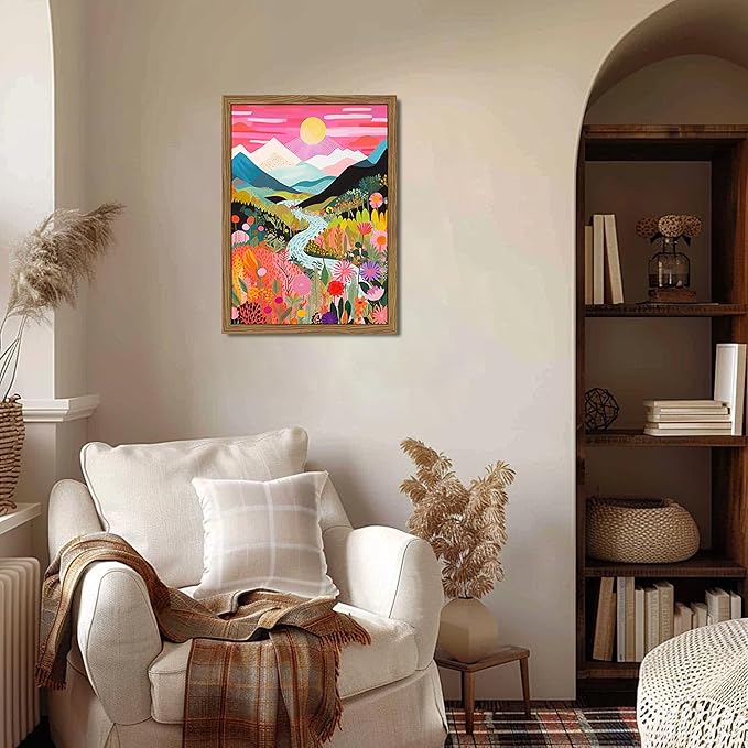 Wood Framed Boho Colorful Landscape Canvas Wall Art Set of 3 - Abstract Mountain Wall Decor Paintings, Nature Floral Poster Prints Aesthetic Home Decor for Living Room Bathroom Bedroom 16x24 inch