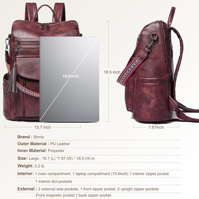 Shrrie Laptop Backpack for Women 15.6 inch,Travel Leather Backpack Purse Nurse Teacher Carry on Backpack Computer Bag,Professional Water-Resistant College Business Work Casual Daypack,Two-tone Maroon