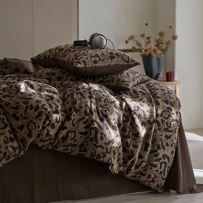mixinni Leopard Duvet Cover Full Size Yarn-Dyed Leopard Print Jacquard Cotton Duvet Cover Set-Vintage Floral Pattern Bedding Set with Pillowcases Perfect for Him and Her-(Full Size, Brown)