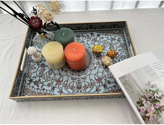Large Plastic Serving Tray with Handles,Decorative Tray for Ottoman Coffee Table,Large Rectangular Boho Tray for Living Room Bathroom and Kitchen Counter,16"X12"