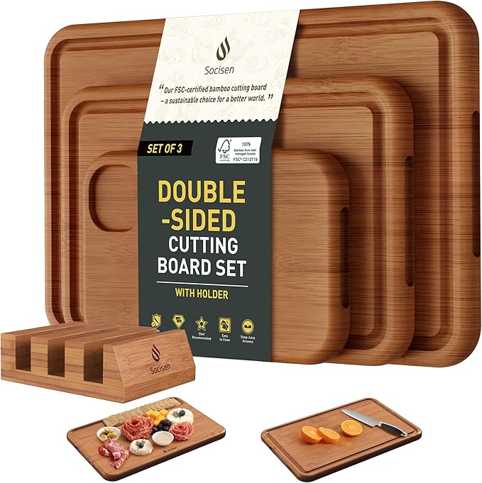 3 Packs Bamboo Cutting Board Set with Holder Nice Solid Thick Wood Deep Juice Groove & Built-in Handles Chopping Board Large Big Small Best Hardwood Kitchen Counter Organic Vegetable Meat BBQ Kit