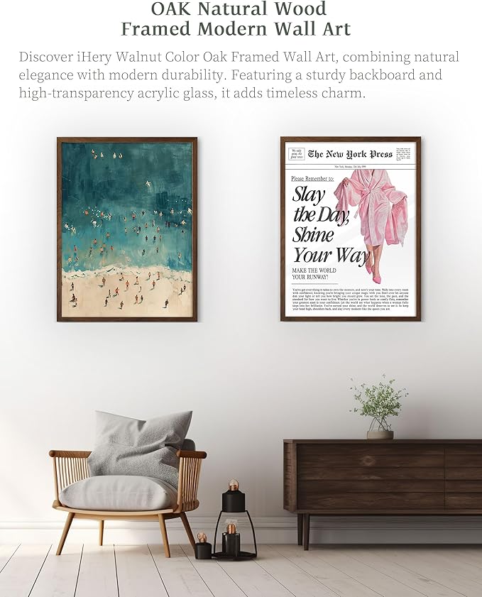 iHery Natural OAK Wood Walnut Color Framed Wall Art, 12x16 in Fashion Summer Tiny People Swimming In Ocean Canvas Wall Decor, Minimalist Beach Air For Bedroom Bathroom Living Room 1Pack