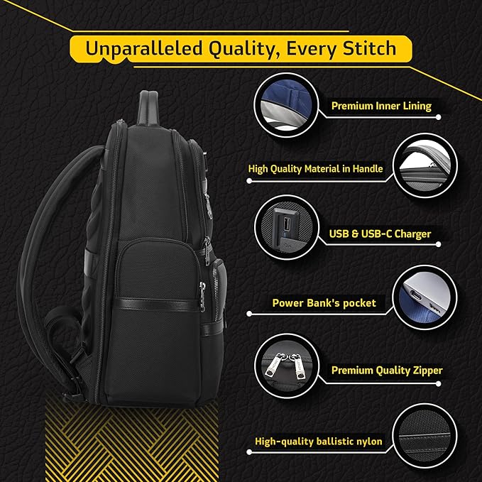 Laptop Business Backpack for Men & Women, Work Backpack Fits 15.6 Inch, Premium Quality Travel Bag with USB Charging Port, Water-Resistant, Durable Ballistic Nylon, Bookbag with Multiple Pockets