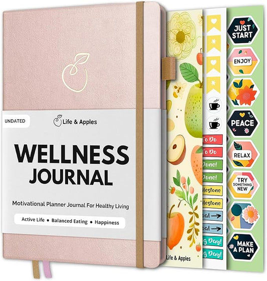 Life & Apples Wellness Journal Planner – Food Log, Fitness Tracker, Habit Tracker, Weight Loss Journal for Diet Tracking and Health Goals, Undated, Size A5 Rose Gold