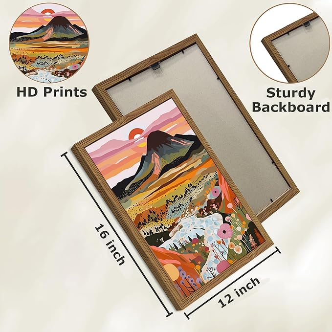 Wood Framed Boho Colorful Landscape Canvas Wall Art Set of 3 - Abstract Mountain Wall Decor Paintings, Nature Floral Poster Prints Aesthetic Home Decor for Living Room Bathroom Bedroom 12x16 inch