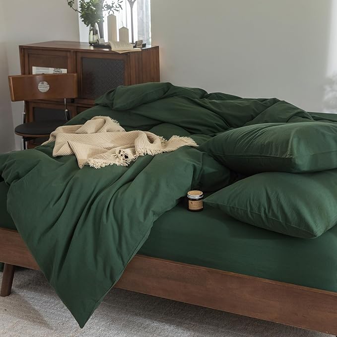FOSSA Duvet Cover Set 100% Washed Cotton Linen Feel Super Soft Breathable Cozy 3 Pieces Bedding Sets Solid Forest Green King