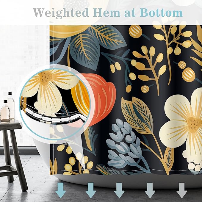Aimego Black Floral Shower Curtain - Dark Beige Yellow Flowers Plants Boho Chic Colorful Botanical Leaves Fabric Cloth Bath Shower Curtain Set with 12 Hooks for Bathroom Decor Accessories, 72"x72"