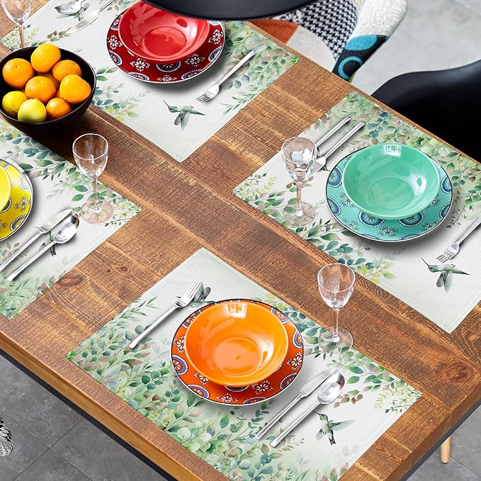 Giwawa 4PCs Hummingbird Placemats for Kitchen Dining, Spring Summer Sage Green Eucalyptus Leaf Herb Botanical Washable Linen Place Table Mat 12x18in for Tabletop Holiday Party Picnic Decor