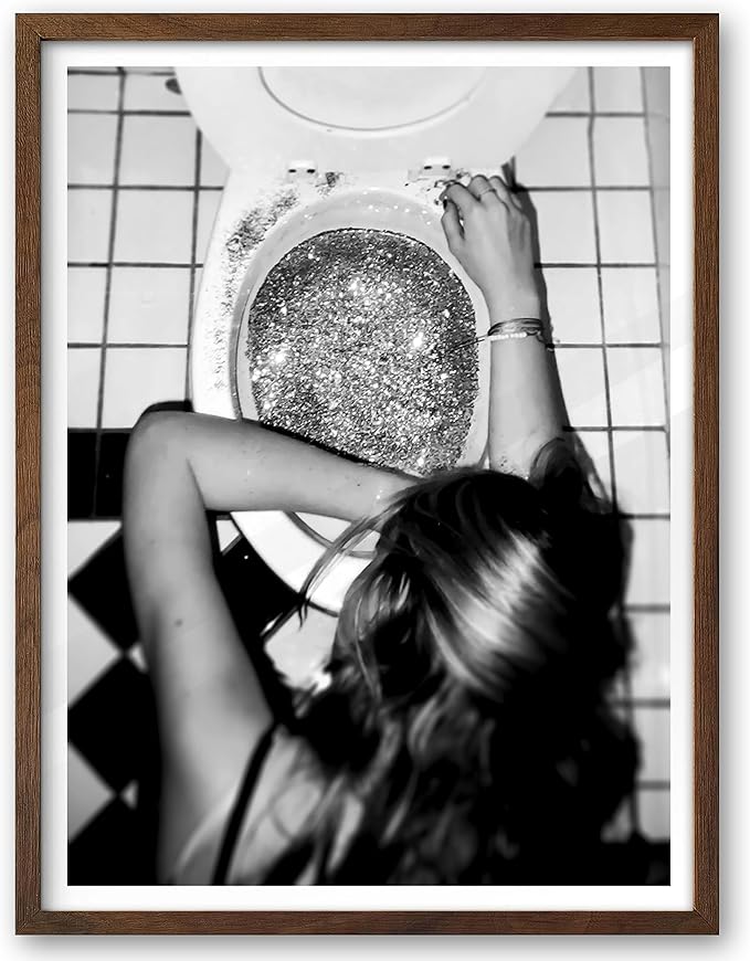 EcoHest Trendy After the Disco Party Framed Wall Art, Walnut Color 12x16 in OAK Wood Black and White Funny Bathroom Canvas Art, Teen Girl Poster College Dorm Decor, 1Pack For Bedroom Living Room