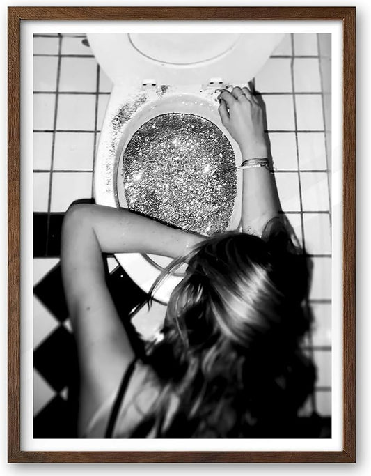 EcoHest Trendy After the Disco Party Framed Wall Art, Walnut Color 12x16 in OAK Wood Black and White Funny Bathroom Canvas Art, Teen Girl Poster College Dorm Decor, 1Pack For Bedroom Living Room