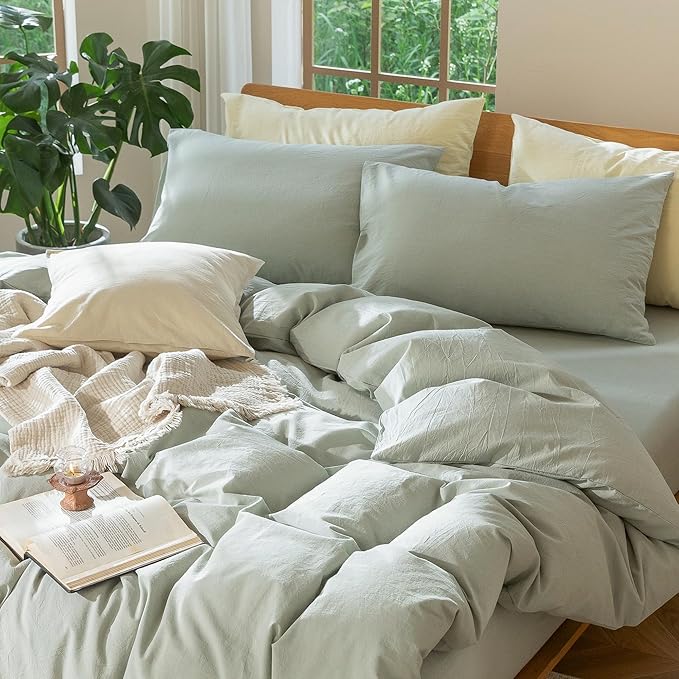 MooMee Bedding Duvet Cover Set 100% Washed Cotton Linen Like Textured Breathable Durable Soft Comfy (Heathered Sage Green, Twin 68"x90")
