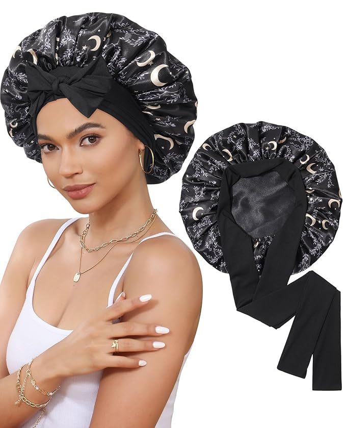 Satin Bonnet Silk Bonnet for Sleeping Silk Sleep Cap Double Layer Hair Bonnet with Elastic Tie Band for Curly Hair Night Cap (Black stars and moon+Black)