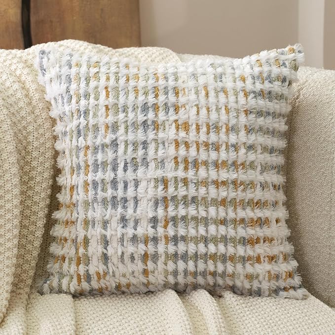 Aeckself Boho Chenille Tufted Pillow Cover 20 x 20 Inch, Decorative Square Throw Pillow Cover Neutral Pillowcase for Couch Bedroom Living Room, Yellow White