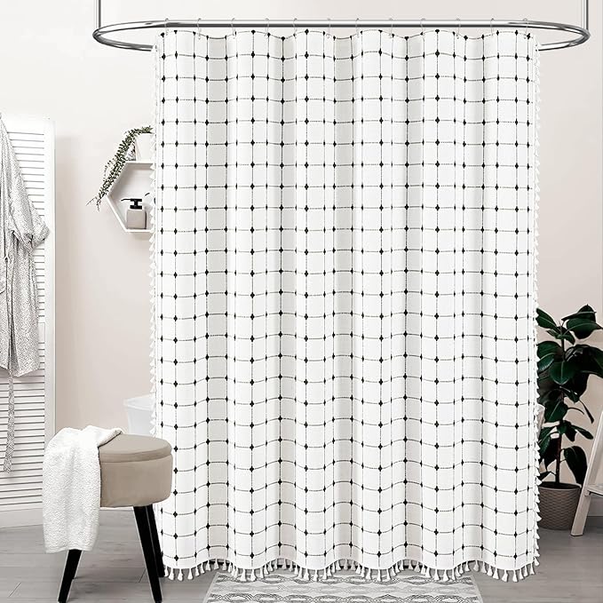 BTTN Extra Long Shower Curtain - 72x96 Inch Long Boho Chic Linen Fabric Heavy Duty Shower Curtain Set with Hooks, Bohemian Farmhouse Shabby Chic Tassel Shower Curtains for Bathroom - White and Black
