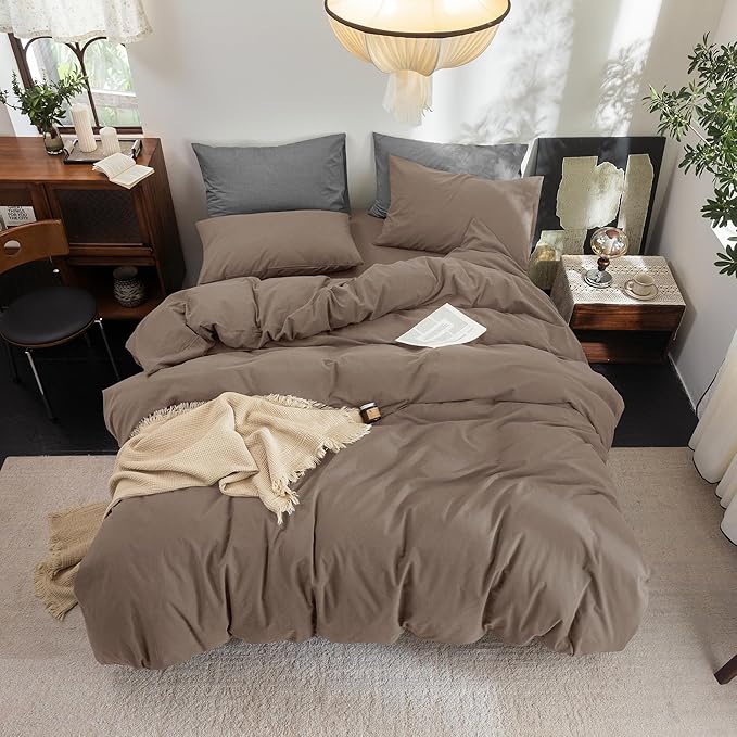 FOSSA Duvet Cover Set 100% Washed Cotton Linen Feel Super Soft Breathable Cozy 3 Pieces Bedding Sets Solid Pale Brown King