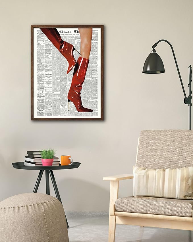 EcoHest Trendy Newspaper Red Boots Framed Wall Art, 12x16 in Walnut Color OAK Wood Fashion Icon Canvas Wall Art, Magazine Retro Home Decor, Set of 1 for Bedroom Living Room