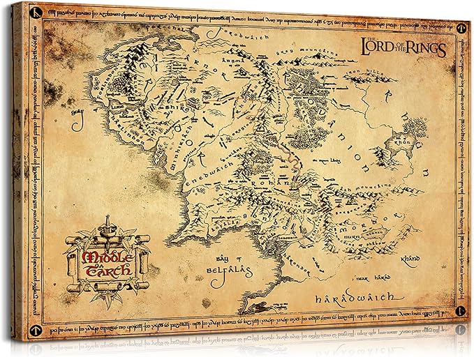 Middle Earth Map Wall Art Canvas Print - Fantasy Map of Middle Earth - 16''H x 24''W with Inner Wooden Frame - Lightweight & Easy to Hang - Perfect for Bedroom, Game Room Decor