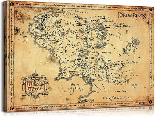 Middle Earth Map Wall Art Canvas Print - Fantasy Map of Middle Earth - 28''H x 40''W with Inner Wooden Frame - Lightweight & Easy to Hang - Perfect for Bedroom, Game Room Decor