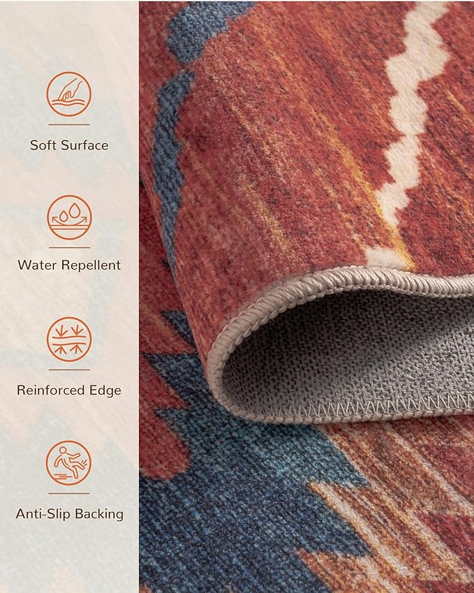 Area Rug 2x6 Rug Machine Washable Non-Slip Low Pile Print Pattern Western Rug for Living Room Bedroom Entryway Tribal Series -Red/Orange