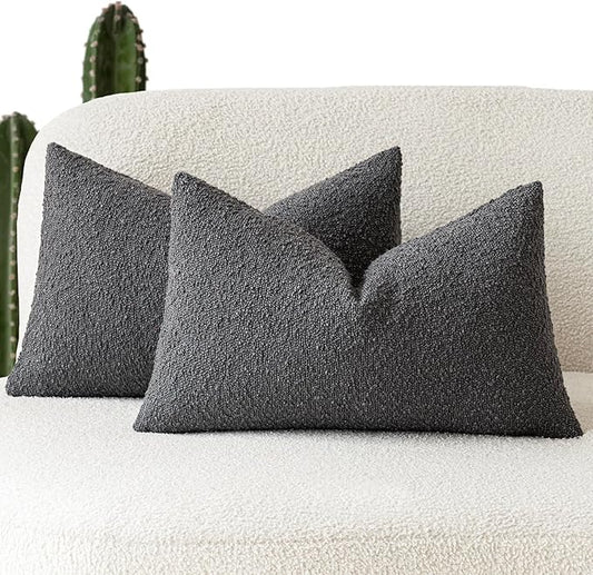 Foindtower Pack of 2 Textured Boucle Throw Pillow Covers Accent Solid Decorative Lumbar Pillow Cases Woven Couch Cushion Case for Sofa Living Room Home Decor, 12 x 20 Inch,Dark Grey