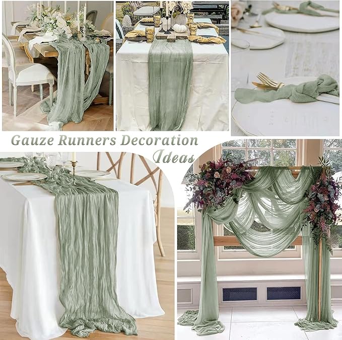 16 Pack Cheesecloth Table Runner, 35x120 Inch Boho Gauze Table Runners, Cheese Cloth Long Table Runner Elegant Table Runners for Party Wedding Bridal Shower Table Decor (Sage Green)