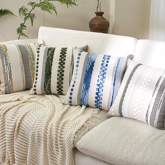 Aeckself Boho Throw Pillow Covers 18x18 Inch Set of 2, Farmhouse Decorative Striped Square Pillow Covers Chenille Tufted Pillow Cases Accent Neutral Pillowcase for Living Room Couch Bed, Sky Blue