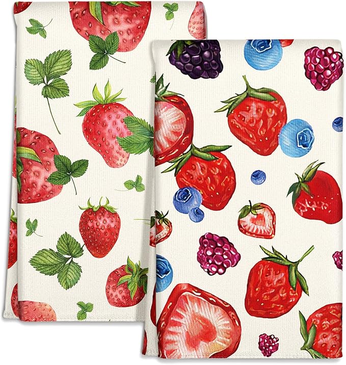 Microfiber Kitchen Towels - Set of 2 Dish Towels for Kitchen 18 x 26 Inch Home Decoration Leaf Strawberry Cute Spring Hand Towels Soft & Absorbent Aesthetic Design