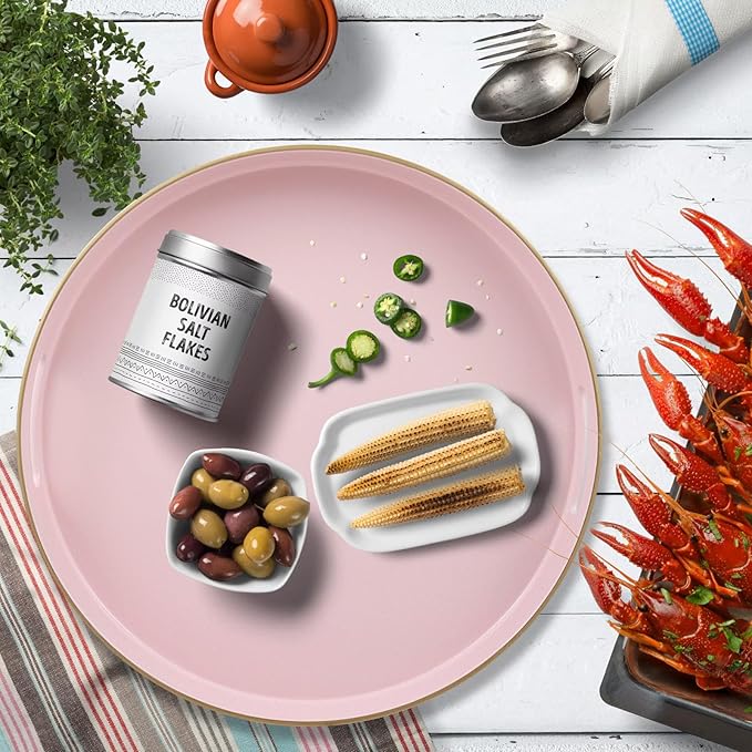 Pink Round Decorative Tray with Handles, 13" Versatile Serving Tray for Coffee Table, Ottoman, Ideal for Serving, Displaying, Organizing