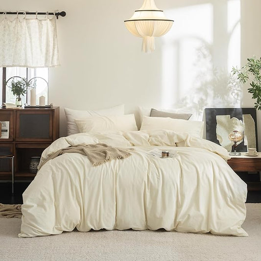 FOSSA Duvet Cover Set 100% Washed Cotton Linen Feel Super Soft Breathable Cozy 3 Pieces Bedding Sets Solid Cream White Oversized King Plus