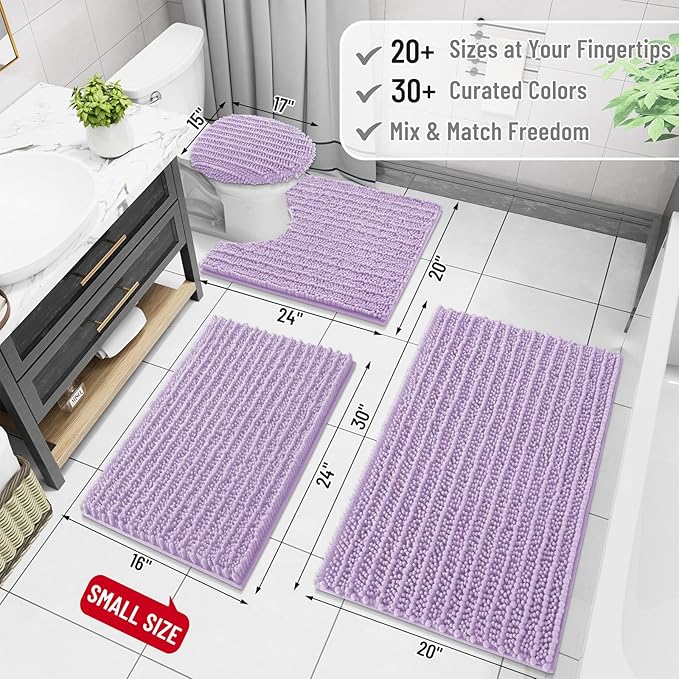 Arotive Luxury Chenille Bathroom Rug Mat, Extra Soft Thick Absorbent Shaggy Bath Rugs, Non-Slip Machine Wash Dry, Plush Bath Mats for Bathroom, Shower and Tub, 24x16, Light Purple