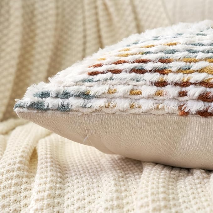 Aeckself Boho Chenille Tufted Pillow Cover 20 x 20 Inch, Decorative Square Throw Pillow Cover Neutral Pillowcase for Couch Bedroom Living Room, Orange White