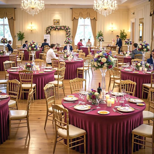 Outpain 6 Pack 72inch Burgundy Spandex Round Tablecloths, Stretchy 132inch Fitted 6FT Round Table Cloths, Wrinkle Free Table Cover with Skirt for Wedding Party Dining Banquet