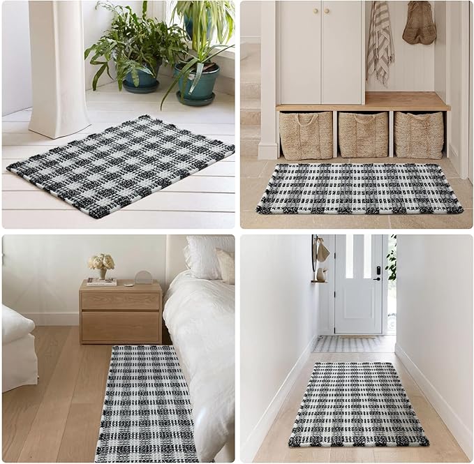 Waffle Runner Rug Bathroom, Long Boho Bathroom Rugs Non Slip Washable Absorbent Checkered Bathroom Mat Quick Dry Farmhouse Bath Mat, 72"x24" Black and White