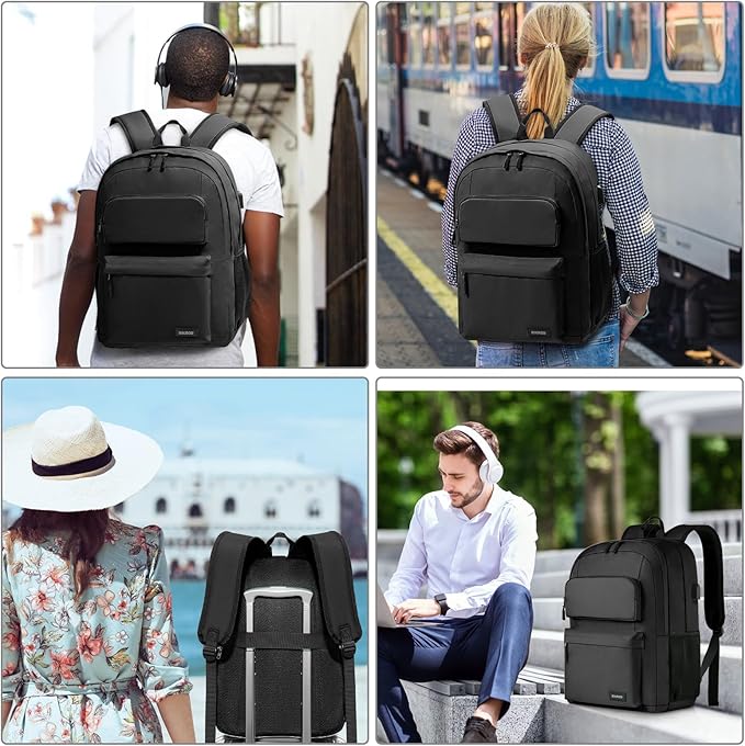 School Backpack for Teen Boys and Girls, Travle Laptop Backpack for men and women, Carry-on Lightweight Casual Black Bookbag with USB Charging Port Fit 17.3 Inch Laptop, Black