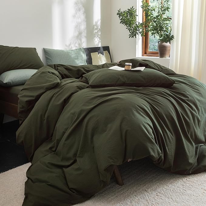 FOSSA Duvet Cover Set 100% Washed Cotton Linen Feel Super Soft Breathable Cozy Simple Style 3 Pieces Bedding Sets Solid Olive Green Oversized King Plus