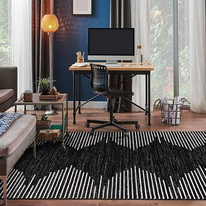 Rugshop Bohemian Stripe Stain Resistant High Traffic Living Room Kitchen Bedroom Dining Home Office Area Rug 6'6" x 9' Black