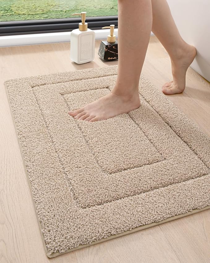 DEXI Bathroom Rug 32x20, Non Slip Washable Bath Mat for Shower Floor, Absorbent Soft Bathmat with Rubber Backing, Quick Dry Microfiber Carpet, Beige