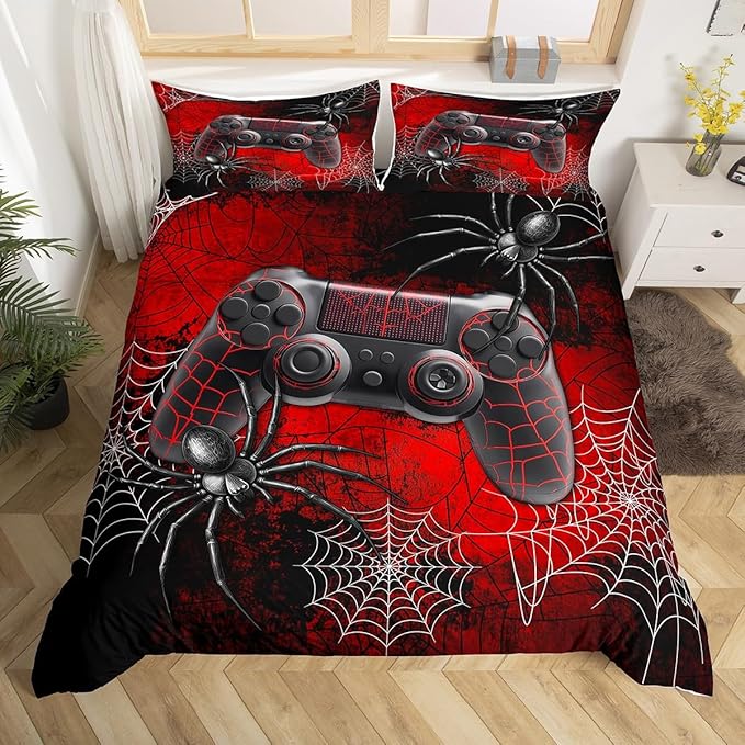 Boys Gamer Gamepad Duvet Cover Set Twin Size Kids Teen Man Gaming Theme Bedding Sets 2 Pcs for Room Decor, Fashion Spider Halloween Comforter Cover with 1 Pillowcase (No Comforter) Black Red