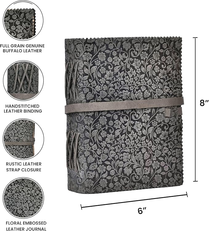 LEATHER VILLAGE Leather Bound Floral Embossed Journal for Women Men - 200 Pages, 8”X6”(A5), Black - Book of Shadows, Vintage Blank Paper Travel Diary, Notebook for Writing, Drawing, Sketchbook