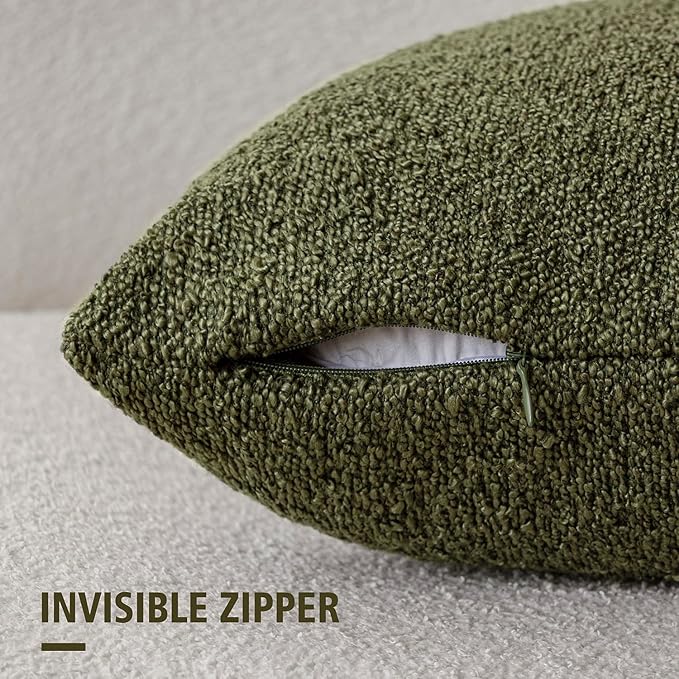Foindtower Set of 2, Decorative Textured Boucle Throw Pillow Covers Accent Solid Pillow Cases Neutral Soft Cozy Couch Cushion Case for Chair Sofa Bedroom Living Room Home Decor 16x16 Inch Moss Green