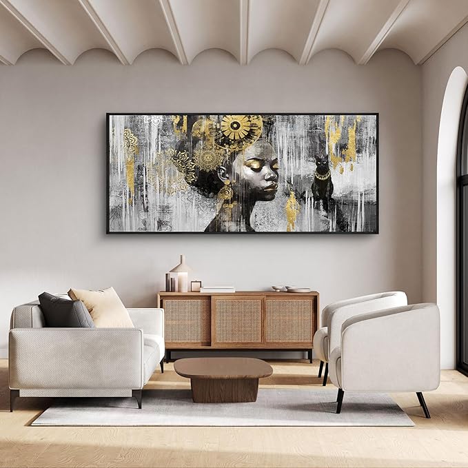 KLAKLA African American Wall Art - Large Black Girl Black Woman Black and Gold Artwork Canvas Picture Framed Wall Decor for Living Room Bedroom Home Decoration