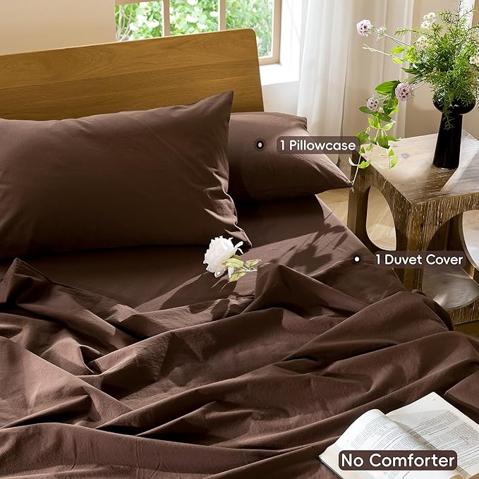 MooMee Bedding Duvet Cover Set 100% Washed Cotton Linen Like Textured Breathable Durable Soft Comfy (Solid Cocoa Brown, Twin 68"x90")